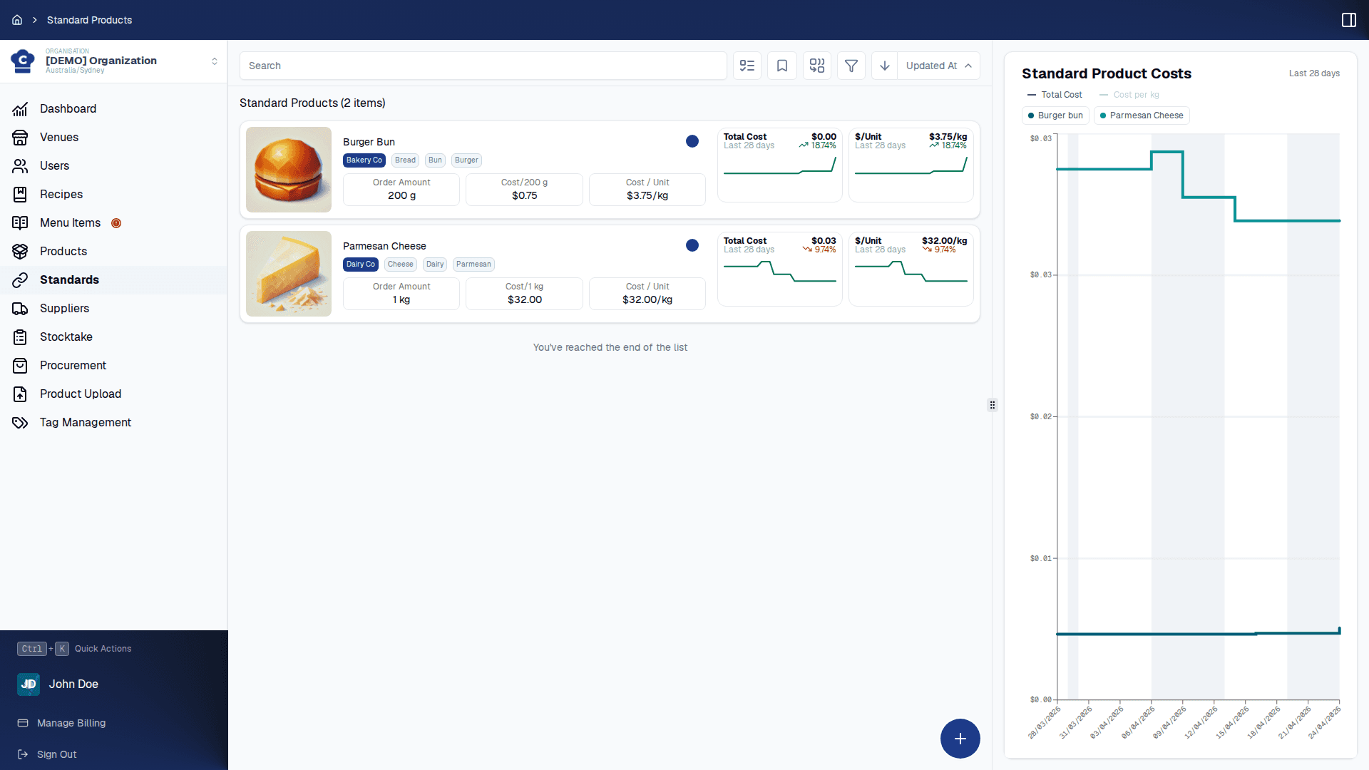 The product list in Chefy with consistent pricing across venues.