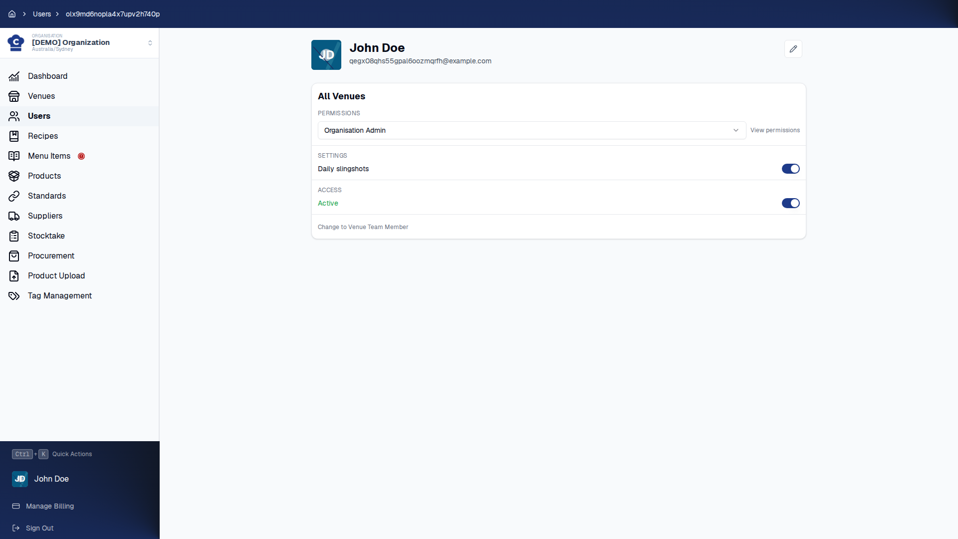 A user's roles and access across venues in Chefy.
